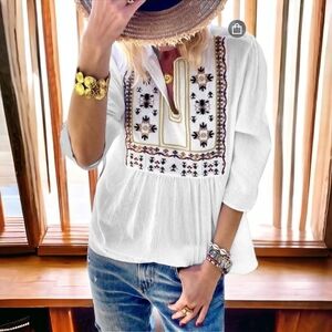 Last One. New! White 3/4" embroidered  pattern blouse  size: large